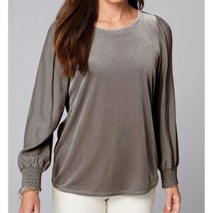 J Jill Velour Mixed Midia‎ Long Sleeve Smocked Cuffs Blouse Top Sz 2X Ash Gray